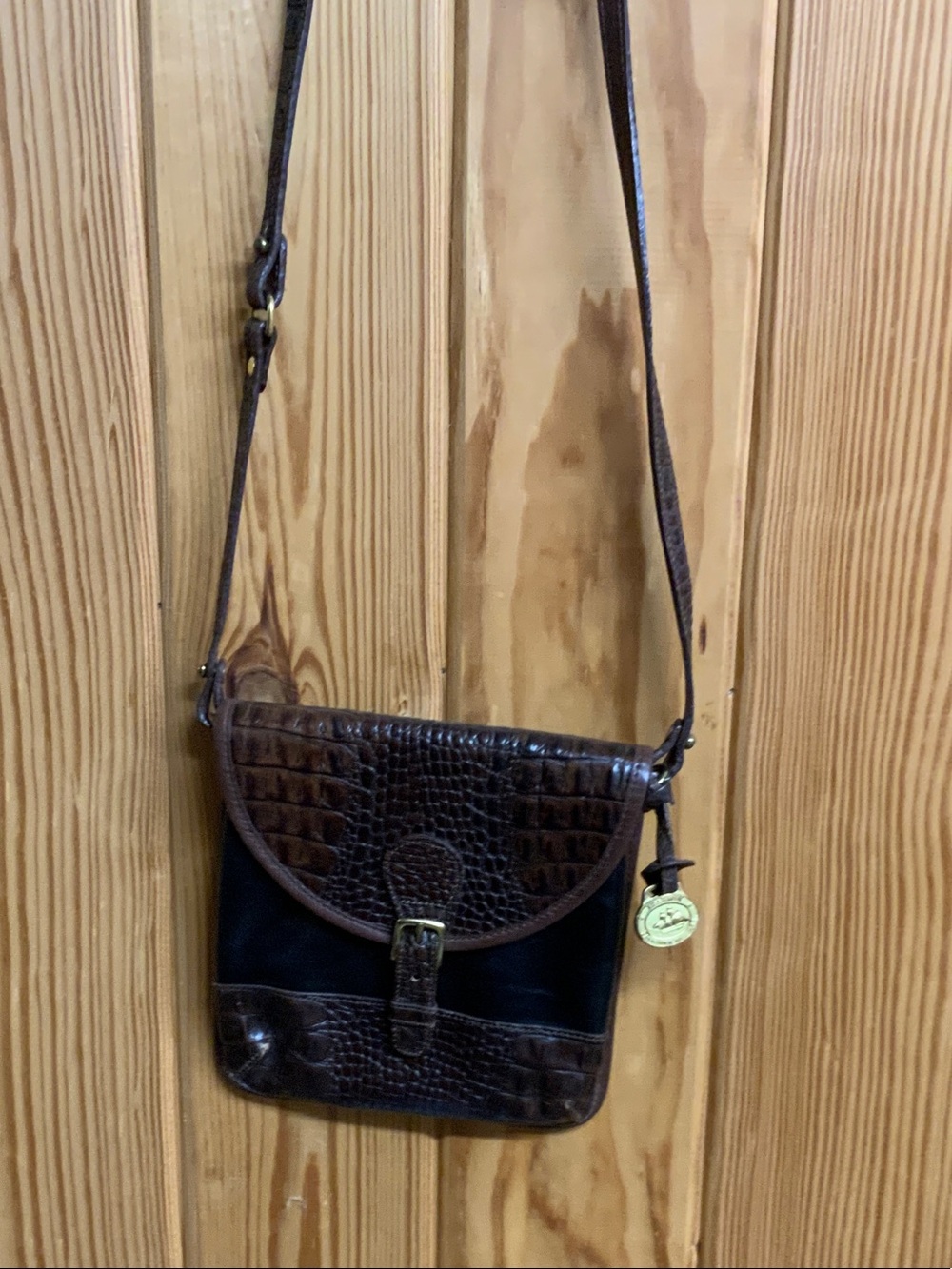 Leather Crossbody Bag with Crocodile-Embossed Trim - Brown